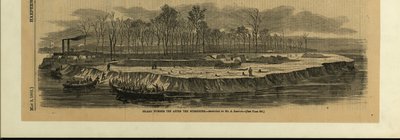Impresión de varias barcas llenas de soldados desembarcando en una isla del río. Obras de tierra, árboles y formación de tropas en la isla de Alexander Simplot